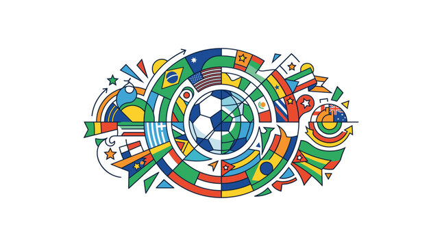 Colorful world flags and soccer ball celebration design