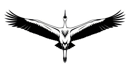 Fototapeta premium Elegant Black and White Vector Illustration of a Crane Bird Flying with Wings Spread Wide Isolated on White