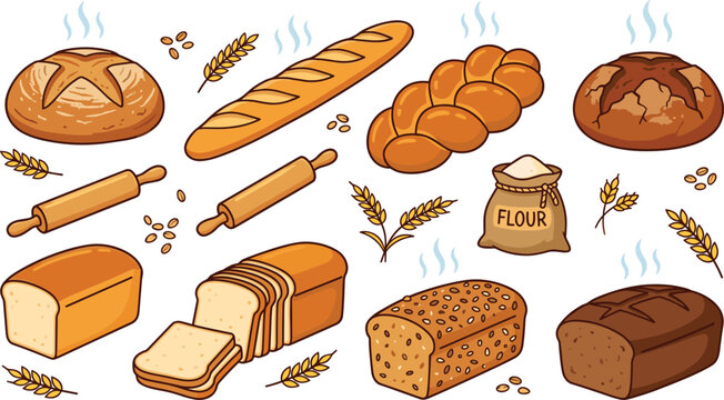Bakery Vector Icon Set with Fresh Bread Loaves Baguette Challah Slices Flour Bag and Rolling Pin Elements for Food Design Menu Branding