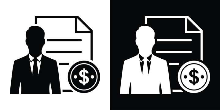 Business invoice icon vector graphic. Businessman avatar with contract document sheet and dollar currency coin symbol. Financial agreement, billing, tax report, or salary management flat sign.
