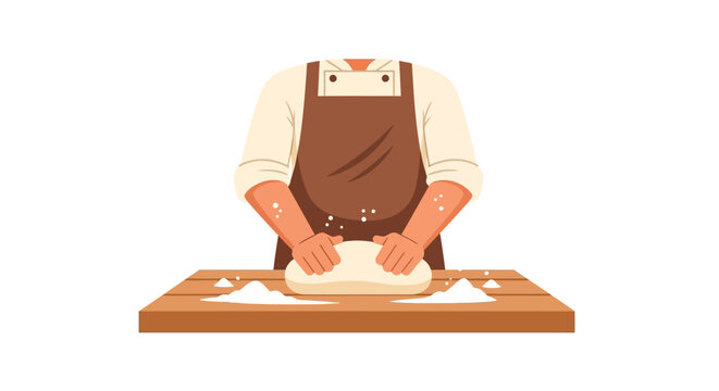 Baker Kneading Bread Dough Illustration - Professional Chef Preparing Homemade Pastry on Wooden Table