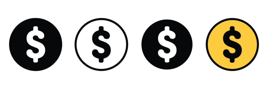 Dollar coin vector icons set, US dollar monetary symbols, shiny coin illustration, finance and wealth icons, clean vector graphics for business and payment applications.