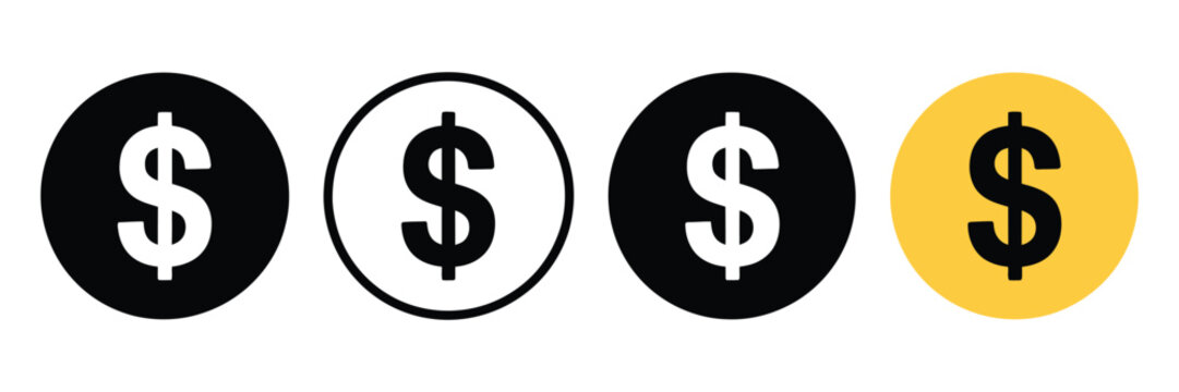 Dollar coin vector icons set, US dollar monetary symbols, shiny coin illustration, finance and wealth icons, clean vector graphics for business and payment applications.