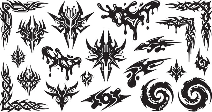 Cyberpunk tribal tattoo silhouettes and gothic mecha graphic vector set