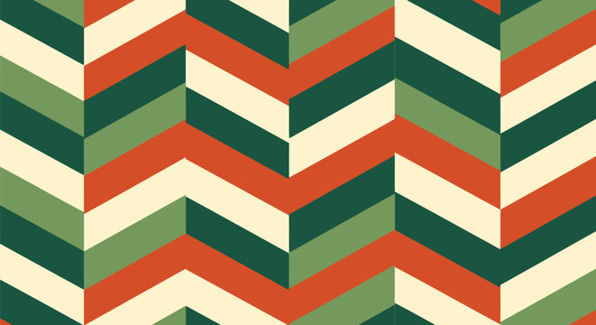 Retro chevron zigzag pattern in green, orange, and cream seamless geometric background