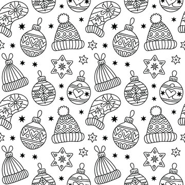 Black and white seamless pattern of winter hats, christmas ornaments, and stars