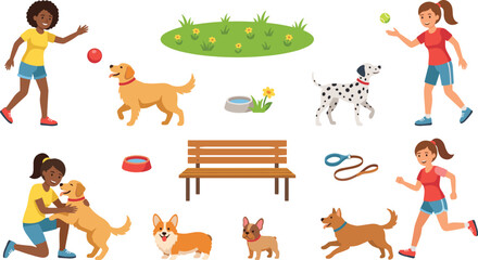Naklejka premium Dog Park Scene and Icon Set with People Playing Running and Exercising with Pets Breeds Like Retriever Corgi Dalmatian Vector Illustration