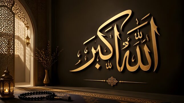 Golden Arabic Calligraphy Wall Art in Dimly Lit Prayer Room