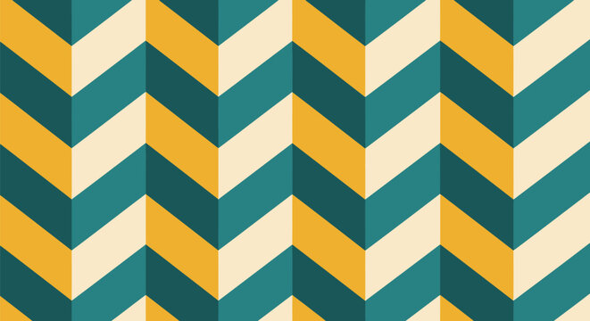 Chevron geometric seamless pattern in teal yellow and cream retro style