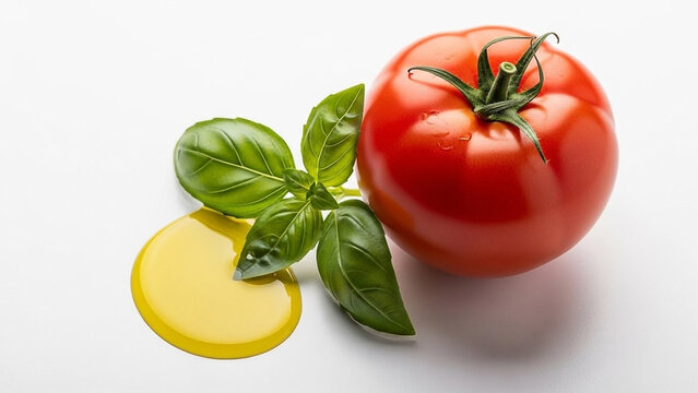 Fresh Tomato, Basil Leaves, and Olive Oil on White