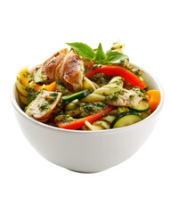 Fototapeta premium Gourmet pesto chicken pasta salad with bell peppers and zucchini in a white bowl shot from a three quarter angle isolated on transparent background for professional food marketing campaigns