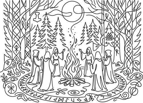 Pagan Ritual in Enchanted Forest: Witches Circle, Bonfire, Runes, Moon