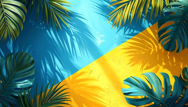 Vibrant tropical leaves casting dramatic shadows on a split yellow and blue background, evoking a summer vacation vibe