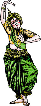 Graceful Indian Classical Dancer in Green Costume Performing Traditional Mudra Hand Gestures on White Background
