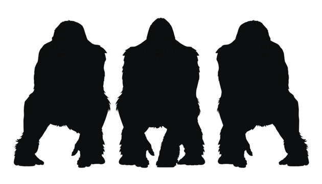Gorillas stand in a trio of bold black silhouettes that represent powerful primates in a minimalist artistic style suitable for use in diverse creative projects or professional graphic design.