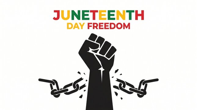 Juneteenth Day Freedom celebration banner, black raised fist with broken chains, African American independence and emancipation concept