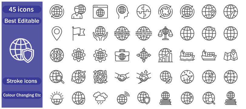 Global Communication and Worldwide Network Line Icons Set Featuring International Connectivity World Map Global Business Travel Navigation Internet Technology Cross Border Communication and Earth 