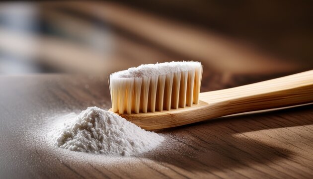 close up photography of a natural wood and real bristle toothbrush using fluoride free tooth powder