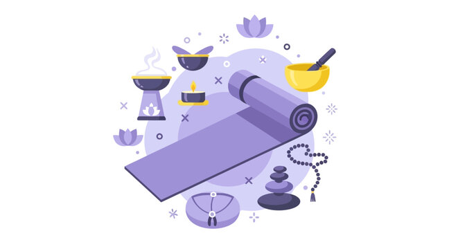 Yoga and Meditation Essentials Vector Illustration Featuring Yoga Mat, Singing Bowl, Zen Stones, Mala Beads, and Incense. Flat Design for Wellness, Mindfulness, and Spirituality.