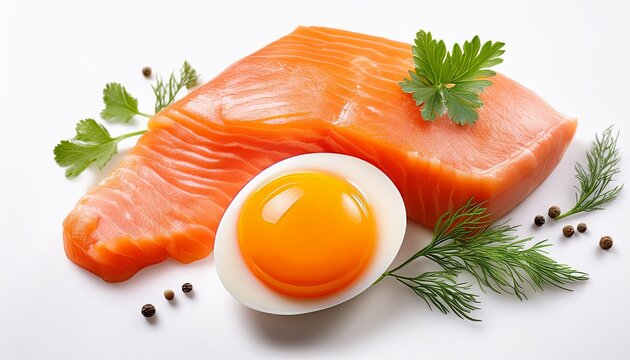 isolated fresh meat chicken egg salmon egg yolk on white background with herbs