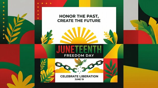 Juneteenth Freedom Day celebration banner, Pan-African colors background with broken chains, African American liberation and heritage poster
