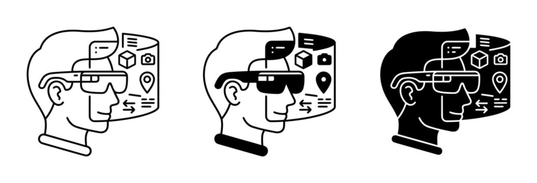 Augmented Reality Headset User, Virtual Reality Interface, Digital Overlay Icons, Futuristic Technology Concept