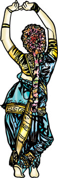 Back View of Classical Indian Dancer Showing Traditional Long Braid Jewelry and Ornate Ethnic Costume