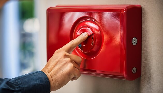 close up of hand pressing red fire alarm button highlighting urgency and importance of safety measures in emergencies