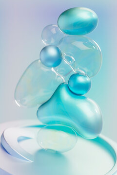 3D aqua bubble stack with glossy translucent shapes