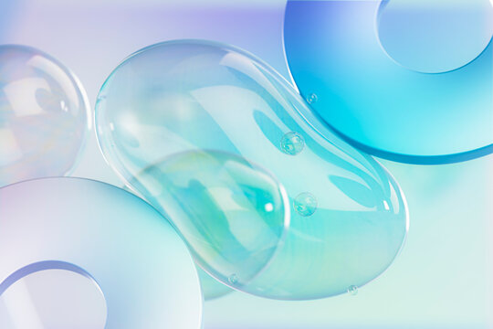 3D floating aqua bubbles with translucent pastel discs