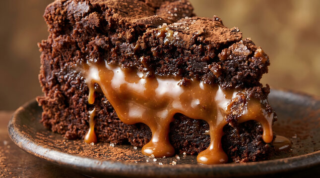 Macro photography of rich chocolate cake with sticky melted caramel
