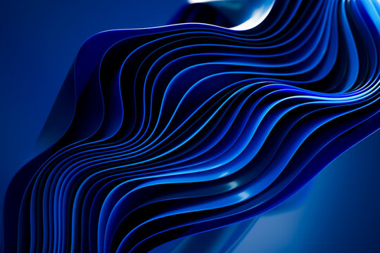 3D blue fabric tower with sculptural folded ribbons