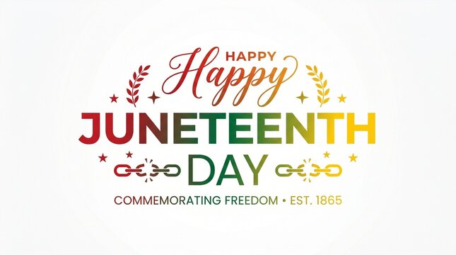 Juneteenth Day celebration typography, commemorating freedom holiday banner, broken chains and laurel leaves graphic on white background