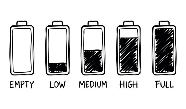 Hand drawn battery level indicators set showing status