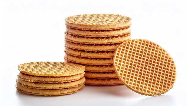 round waffle cookie isolated on white background with stack of thin crispy biscuits