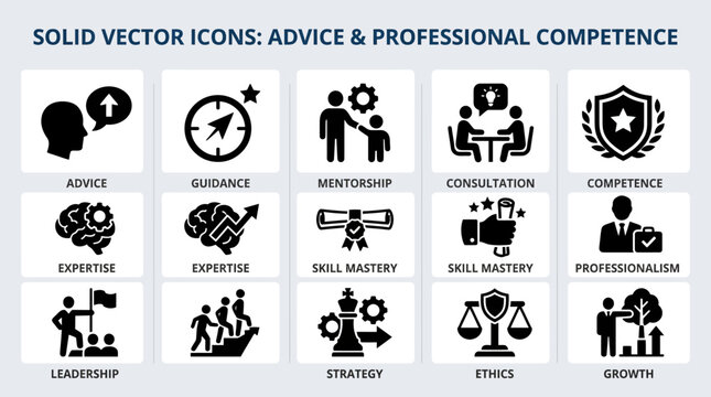 Solid Vector Icons Representing Advice Professional Competence and Business Concepts.