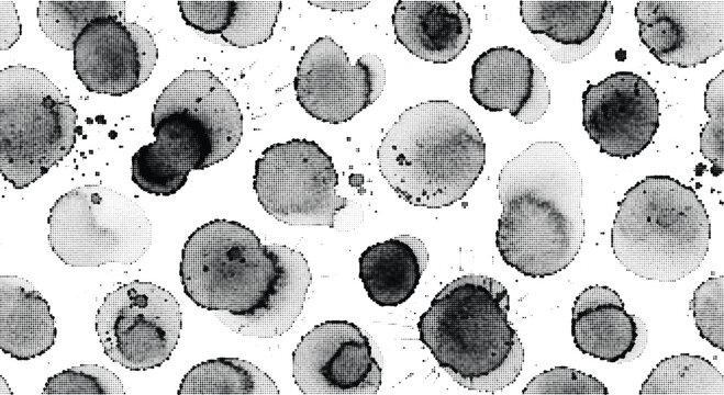 Watercolor ink splatters halftone seamless vector pattern blot texture circular shapes abstract monochrome background.