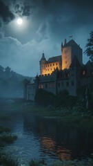 Obraz premium Enchanting full moon illuminates an ancient castle by a misty river at night creating a mysterious fairytale atmosphere