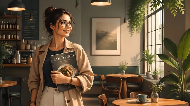 Stylish Woman Reading Good Food Magazine in Modern Caf&Atilde;&copy;