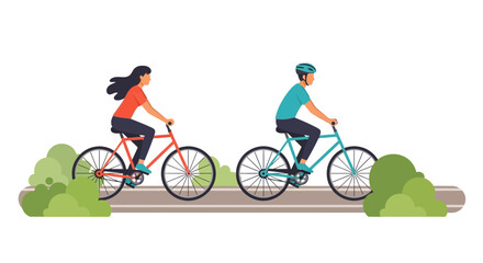 Fototapeta premium Flat Vector Illustration of a Couple Riding Bicycles on an Outdoor Path
