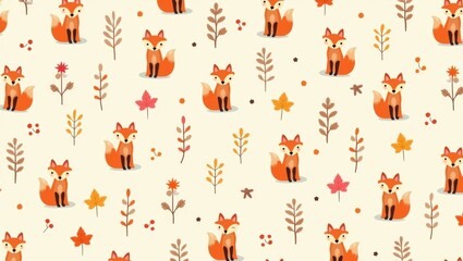 Obraz premium Pattern illustration featuring cute cartoon foxes surrounded by colorful leaves and flowers on a light beige background, ideal for fabric or wallpaper design