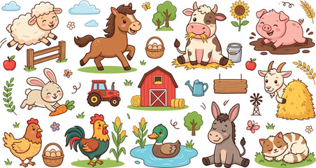 Naklejka premium Cute cartoon farm animal sticker set with happy cow pig horse sheep barn tractor and agriculture elements.