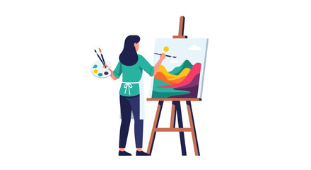 Fototapeta premium Female Artist Painting a Colorful Landscape on Canvas with Easel and Palette, Creative Studio Vector Illustration