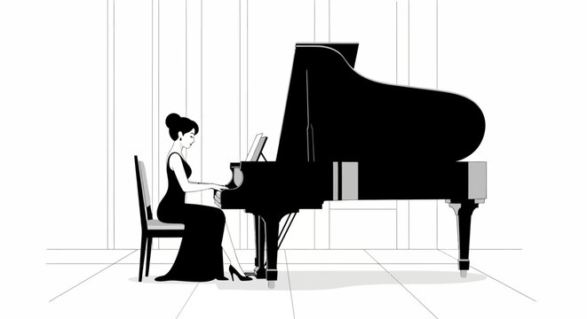 Elegant Woman Playing a Grand Piano, Minimalist Black and White Vector Illustration of a Female Pianist in an Evening Gown