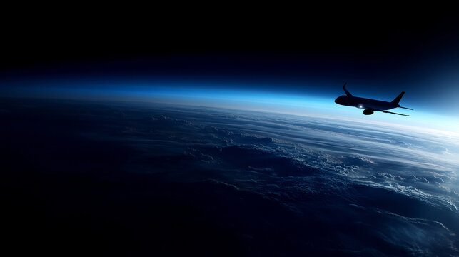 Airplane flying above Earth&acirc;s curved horizon from orbit, atmospheric blue glow and dark space background, global travel and aerospace concept, realistic cinematic space photography
