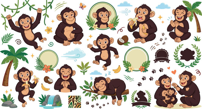 Cute cartoon monkey sticker set with happy chimpanzee eating banana jungle tropical palm trees and nature elements.