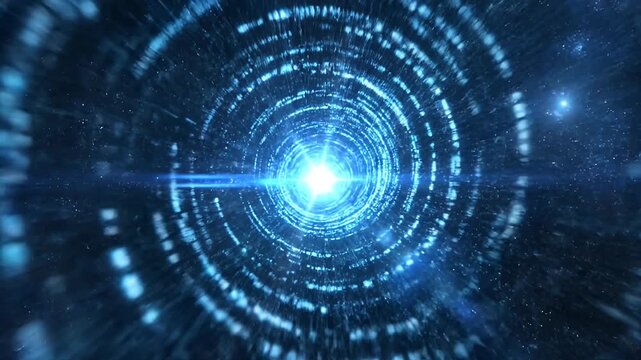 Blue digital data tunnel vortex with bright light center.