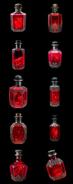 RPG magic health potions icon set, red liquid elixir and healing bottles collection grid for game UI