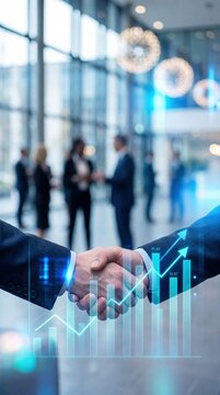 Business handshake concept for investment growth with rising market charts and a modern cityscape