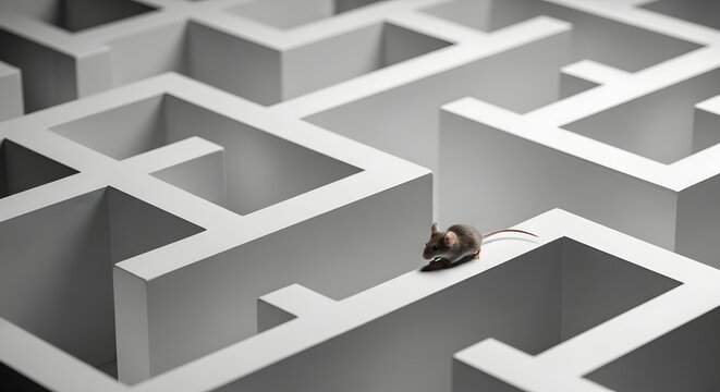 Small mouse exploring a white maze. Psychological study and problem solving strategy. Rodent walking along the top wall of a labyrinth.